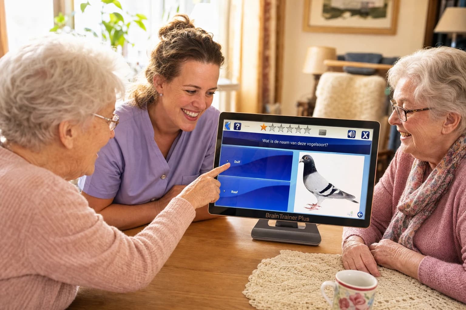 A warm, bright, photorealistic scene in a cozy Dutch care-home living room. Two or three elderly residents and a friendly female caregiver sit together around a large touchscreen tablet display on the table, smiling and engaged in playing the game. Natural daylight from a window, soft warm tones, genuine joyful expressions, sense of connection and togetherness. Documentary lifestyle photography style, shallow depth of field. The computer and the screen are exactly like the image provider including all screen and stand details. Landscape composition suitable for a blog hero banner.